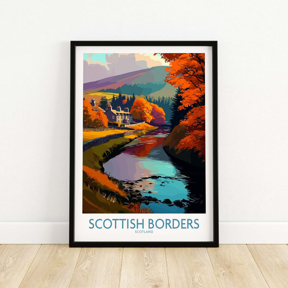 Scotland river landscape travel poster featuring autumn colors in the Scottish Borders with a cozy house.