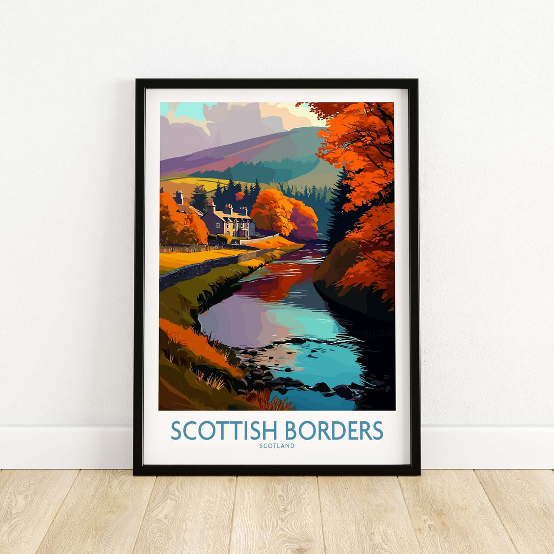Scotland river landscape travel poster featuring autumn colors in the Scottish Borders with a cozy house.