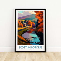 Scotland River Landscape Travel Poster Scottish Borders Autumn Print Wall Art Decor featuring a scenic river and vibrant autumn colors.