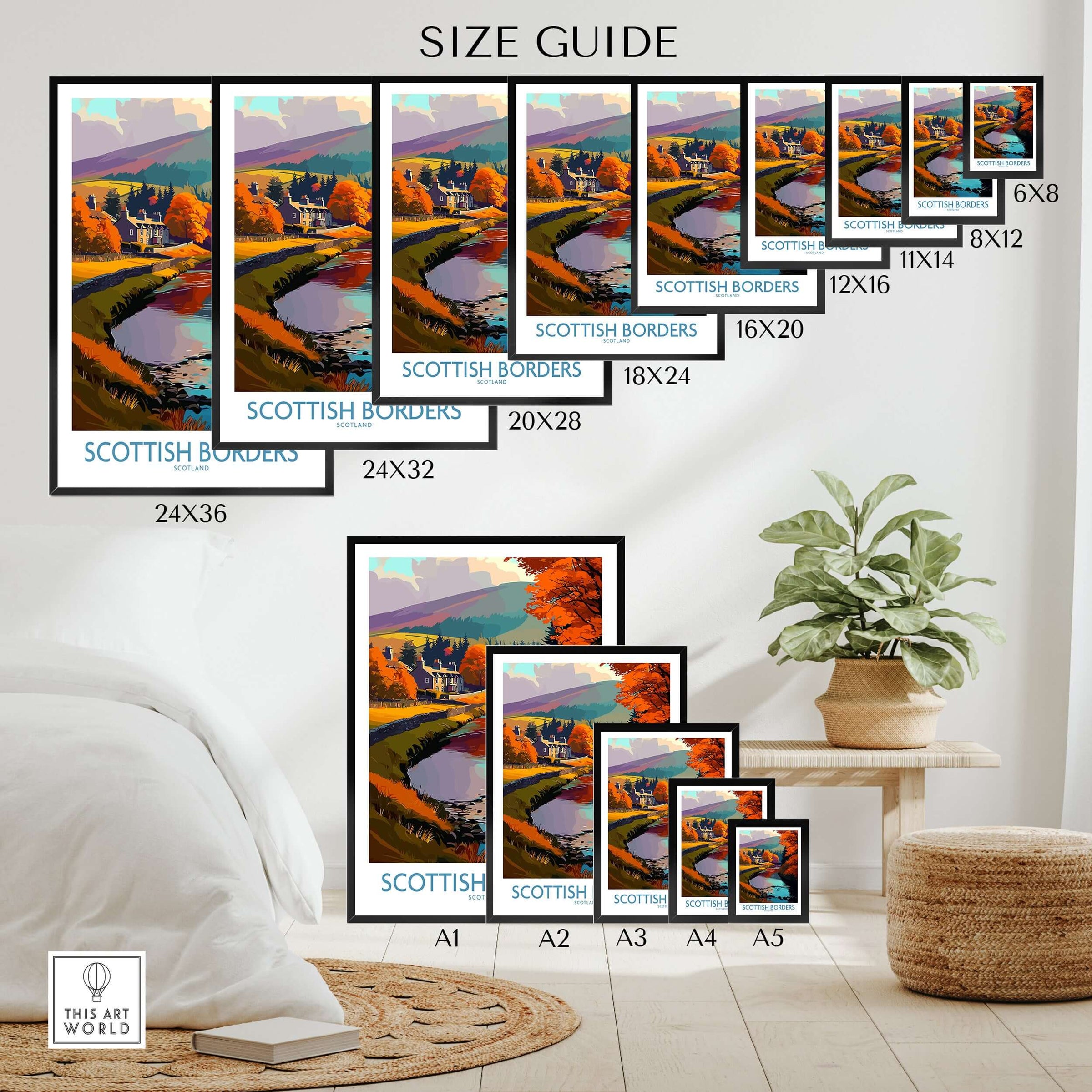Scotland River Landscape Travel Poster Scottish Borders Autumn Print Wall Art Decor size guide illustration