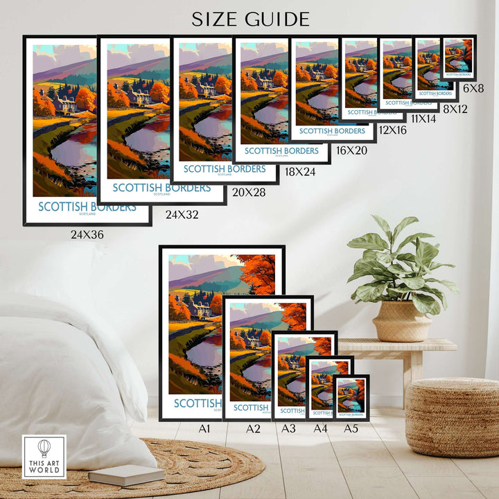 Size guide for Scotland River Landscape travel posters in various dimensions showcasing autumn colors in Scottish Borders.