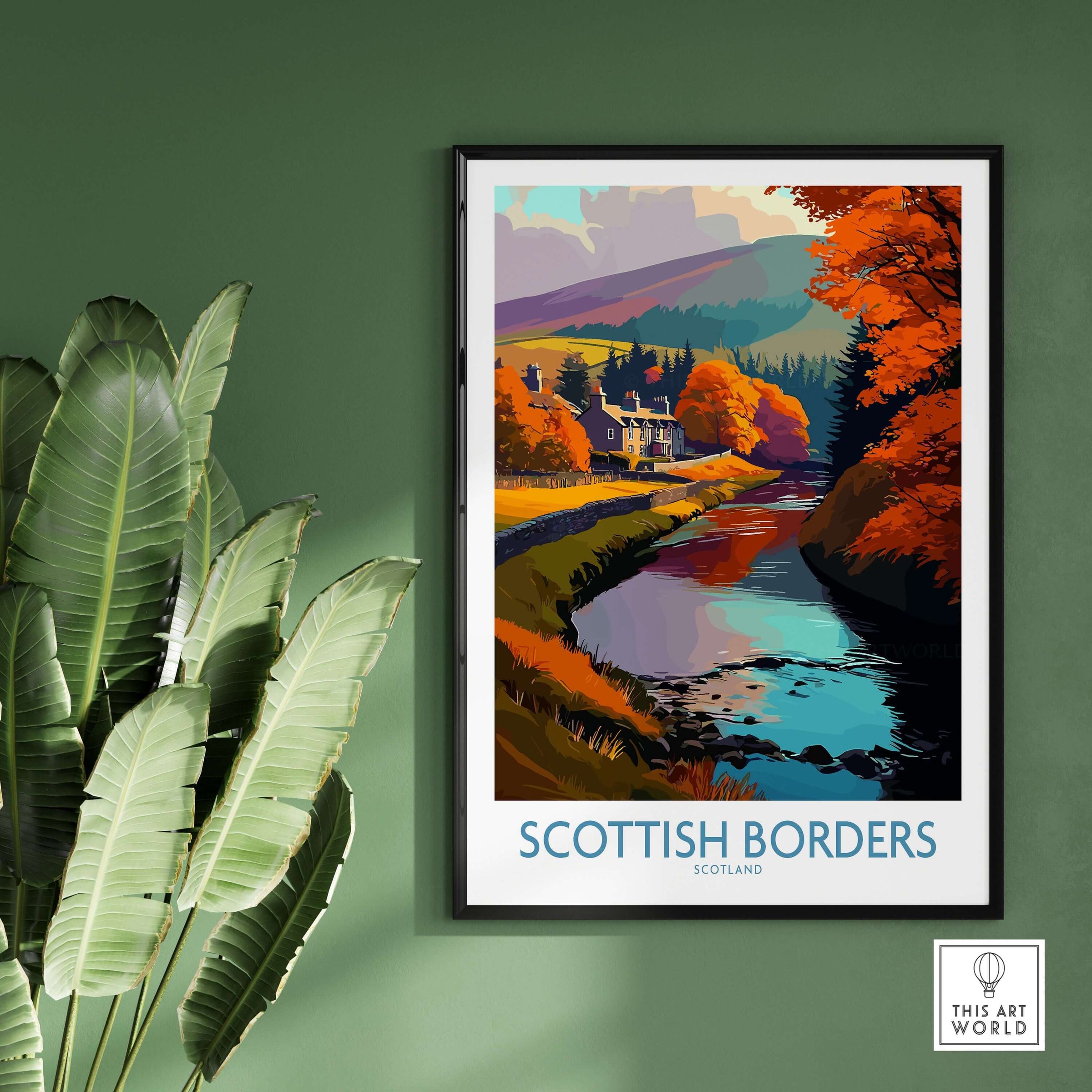Scotland River Landscape Travel Poster Scottish Borders Autumn Print Wall Art Decor featuring colorful trees and a serene river.