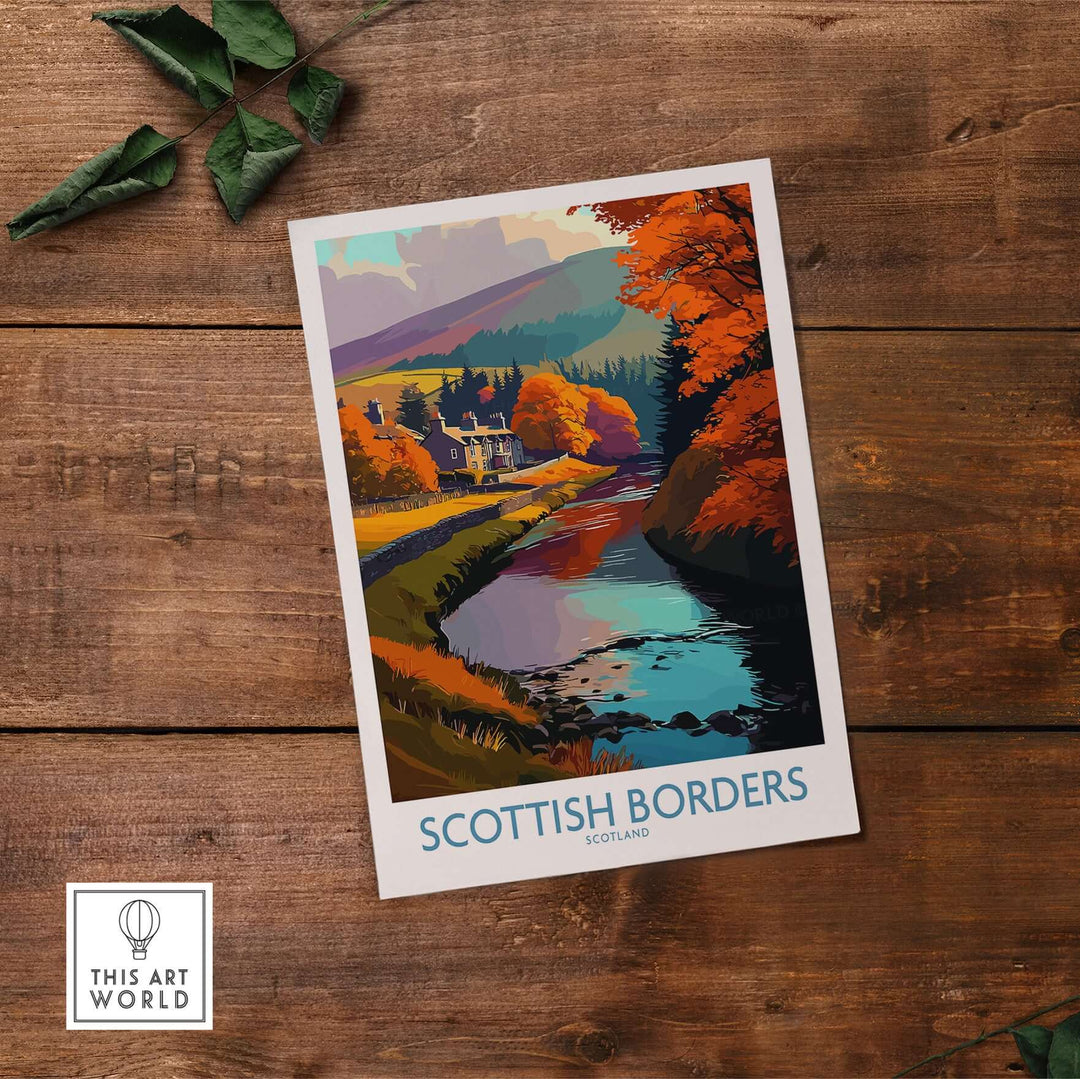Scenic Scotland River Landscape Travel Poster showcasing autumn colors in the Scottish Borders with a traditional house.
