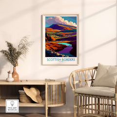 Scotland Travel Poster Scottish Borders Lake Autumn Hills Print Landscape Wall Art featuring colorful hills and tranquil pond.