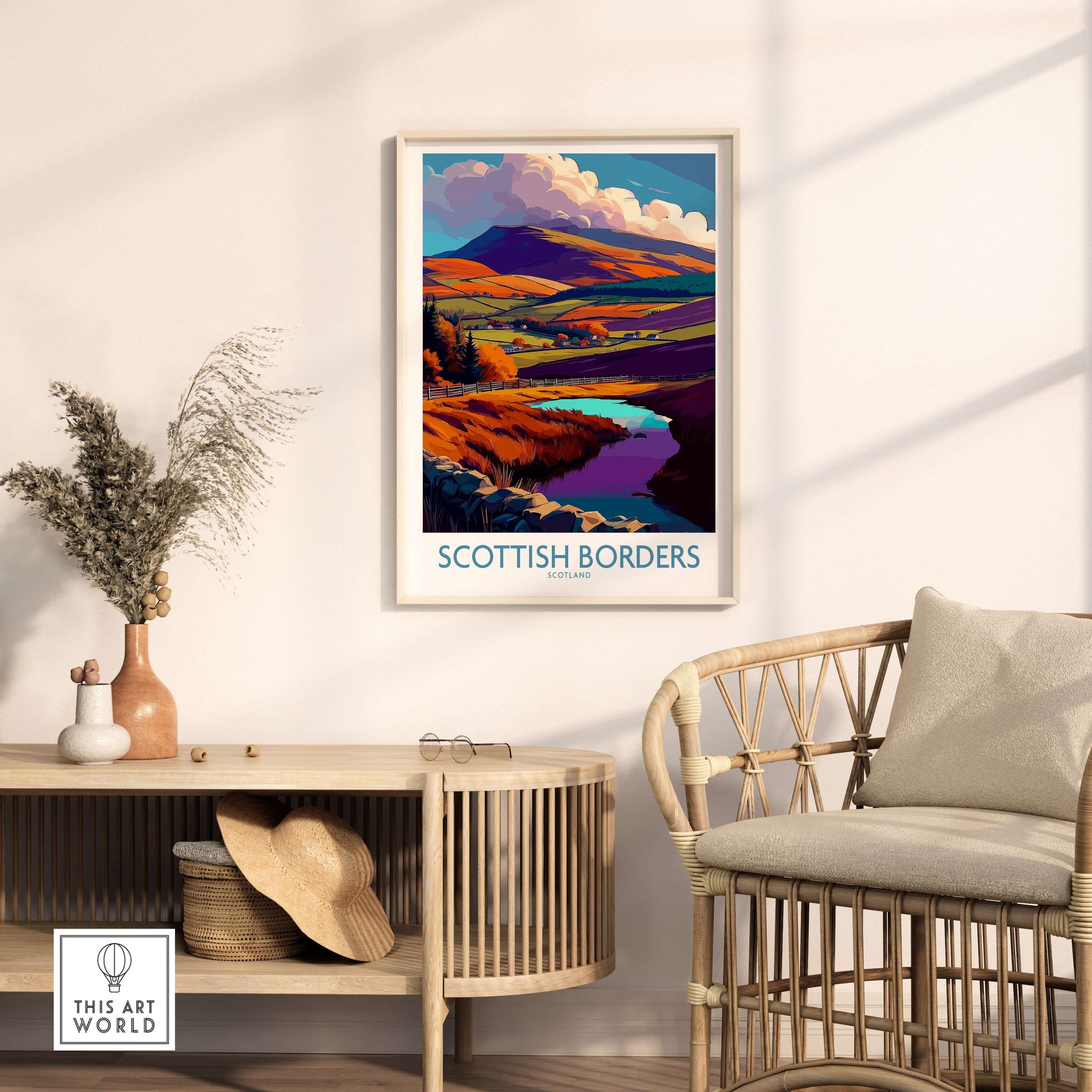 Scotland Travel Poster Scottish Borders Lake Autumn Hills Print Landscape Wall Art featuring colorful hills and tranquil pond.