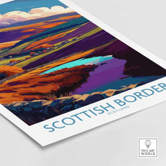 Scotland Travel Poster Scottish Borders Lake Autumn Hills Print Landscape Wall Art showcasing vibrant autumn hills and a tranquil pond.