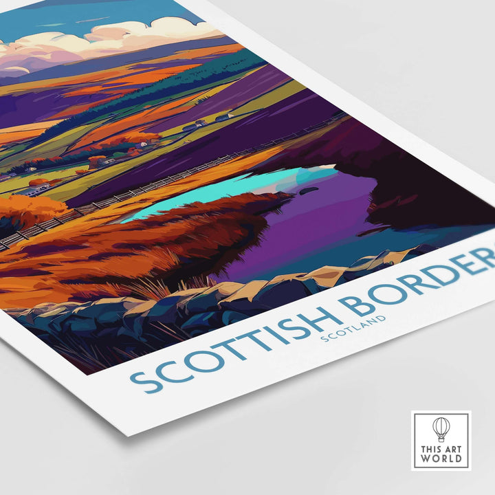 Scottish Borders travel poster showcasing vibrant autumn landscape with lake and rolling hills in Scotland.