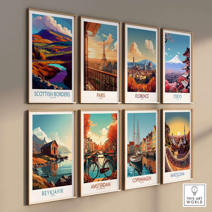 Scottish Borders and city travel poster collection featuring landscapes of Paris, Florence, Tokyo, Reykjavik, and more.