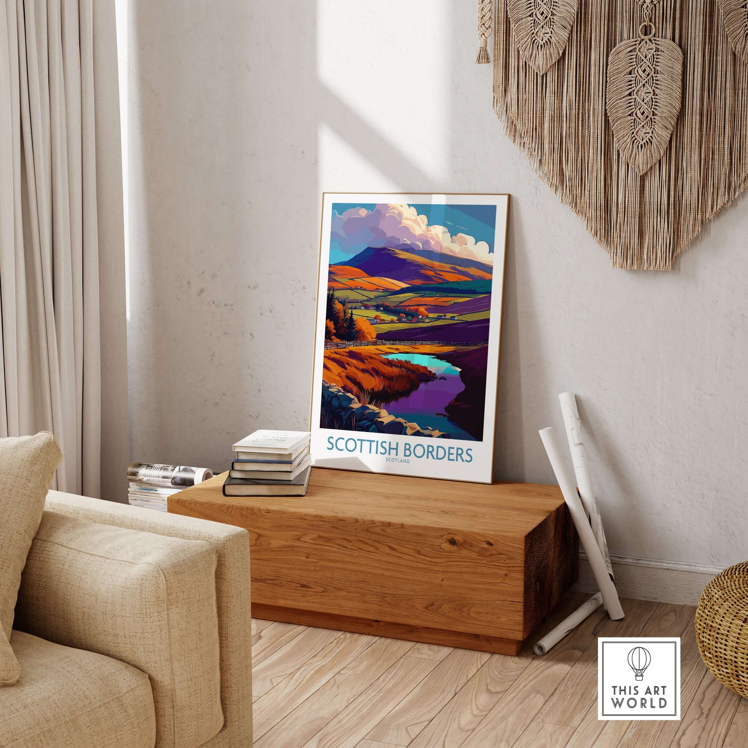 Scotland Travel Poster Scottish Borders Lake Autumn Hills Print Landscape Wall Art displayed in a cozy living room.
