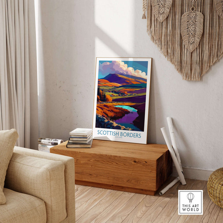 Scottish Borders travel poster depicting autumn hills, tranquil lake, and vibrant landscape in cozy home setting.