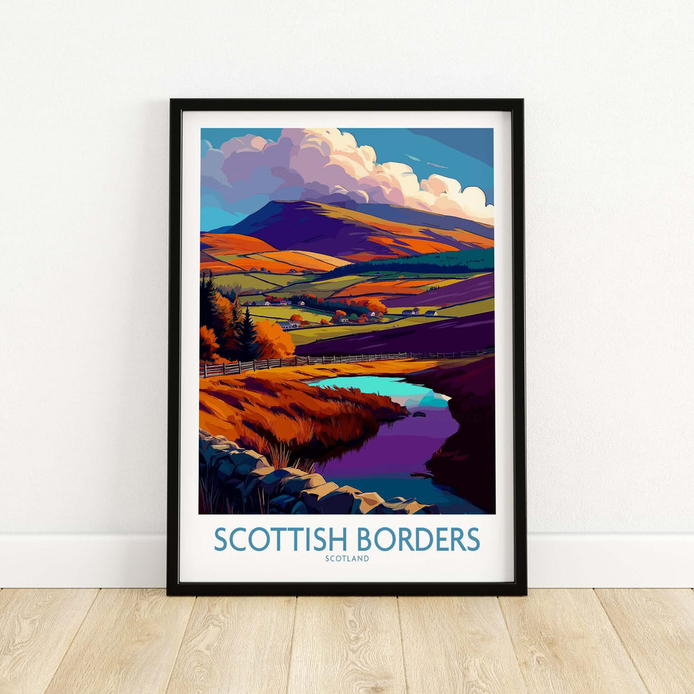 Scottish Borders travel poster featuring autumn hills and a tranquil lake in vibrant colors.