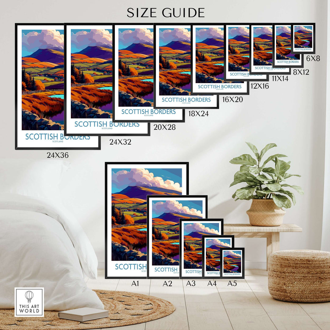 Size guide for Scottish Borders landscape travel poster prints in various dimensions showcasing autumn hills.