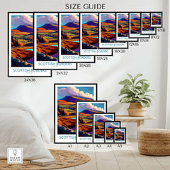 Scotland Travel Poster Scottish Borders Lake Autumn Hills Print Landscape Wall Art size guide with various frame options