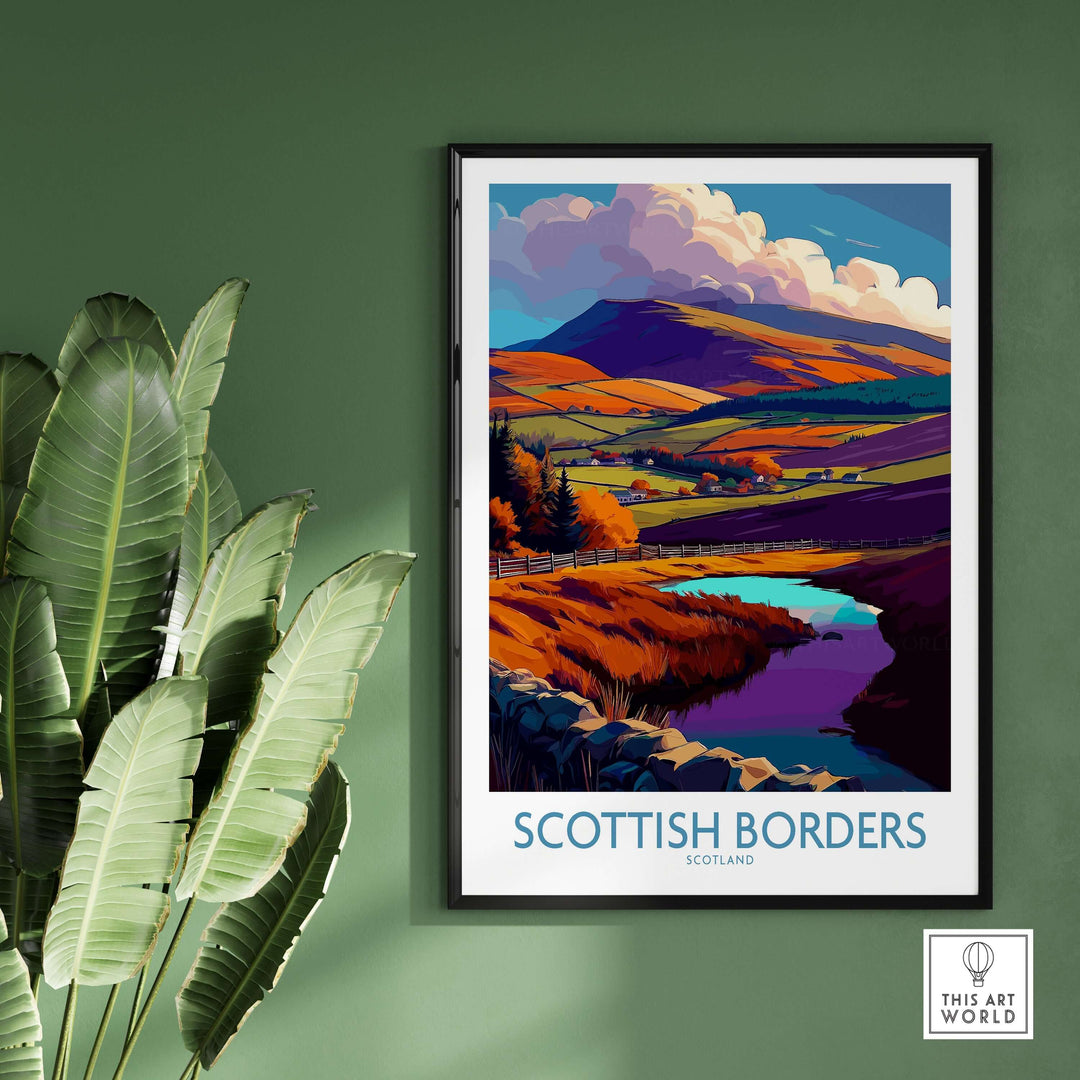 Colorful Scotland travel poster featuring the Scottish Borders landscape with hills, a river, and vibrant clouds.