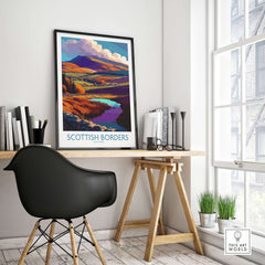 Scotland Travel Poster Scottish Borders Lake Autumn Hills Print Landscape Wall Art displayed in a modern home office setting.