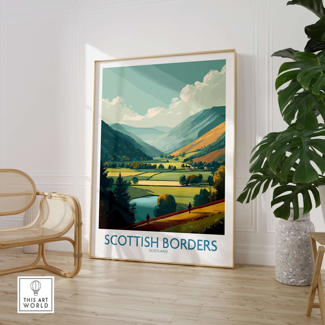 Scotland Valley Hikers travel poster showcasing Scottish Borders landscape with hills and river, framed wall art.