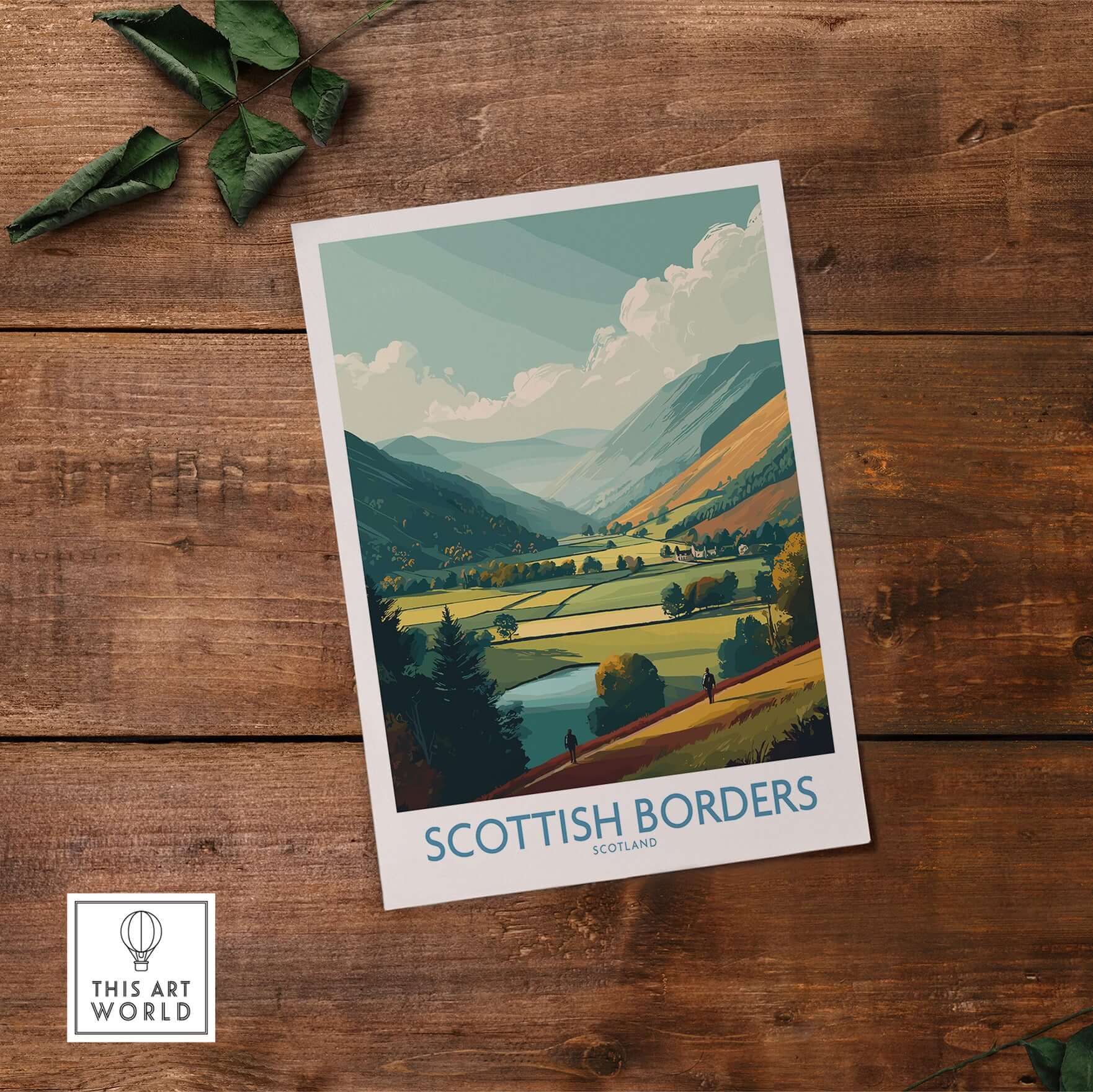 Scotland Valley Hikers Travel Poster Scottish Borders Landscape Print Wall Art Rural showcasing a lush valley and hiking figures.