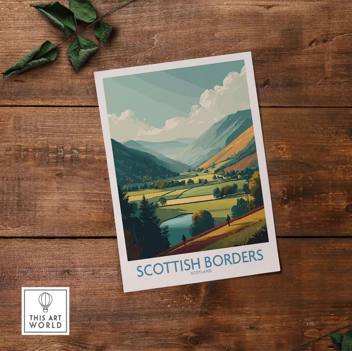 Scotland Valley Hikers travel poster featuring lush Scottish Borders landscape and hiking figures.