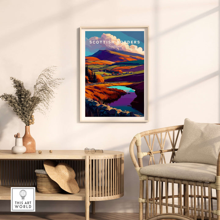 Scottish Borders autumn landscape poster featuring vibrant hills and a serene lake, framed and displayed in a modern living space.