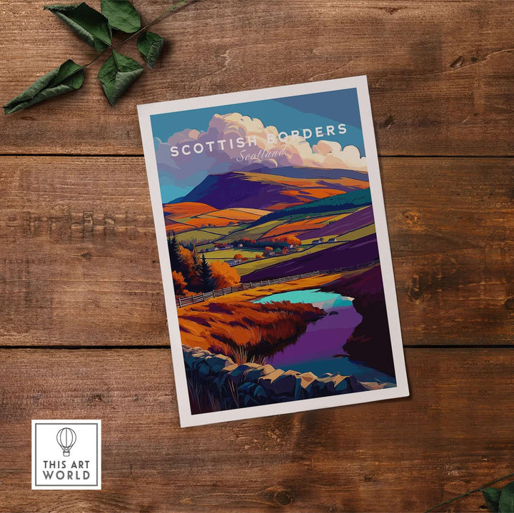 Scottish Borders autumn landscape poster featuring vibrant hills and reflecting lake scenery.
