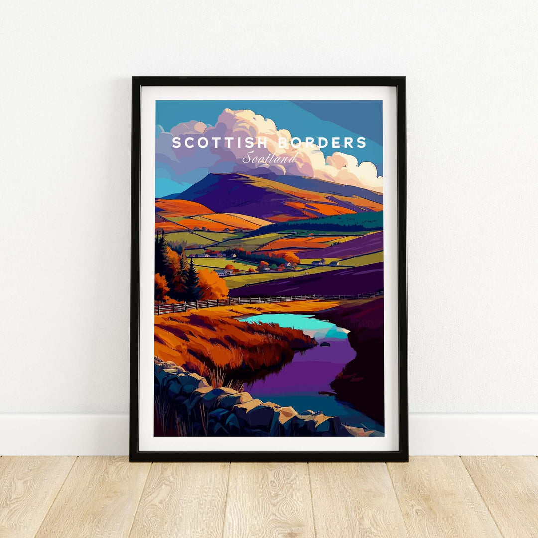 Scottish Borders autumn landscape print showcasing vibrant hills, a serene lake, and dramatic clouds in colorful hues.