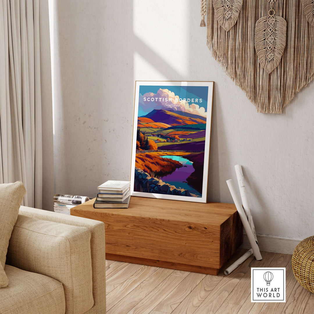 Scottish Borders travel print showcasing autumn landscape by serene lake, perfect for wall art decor.