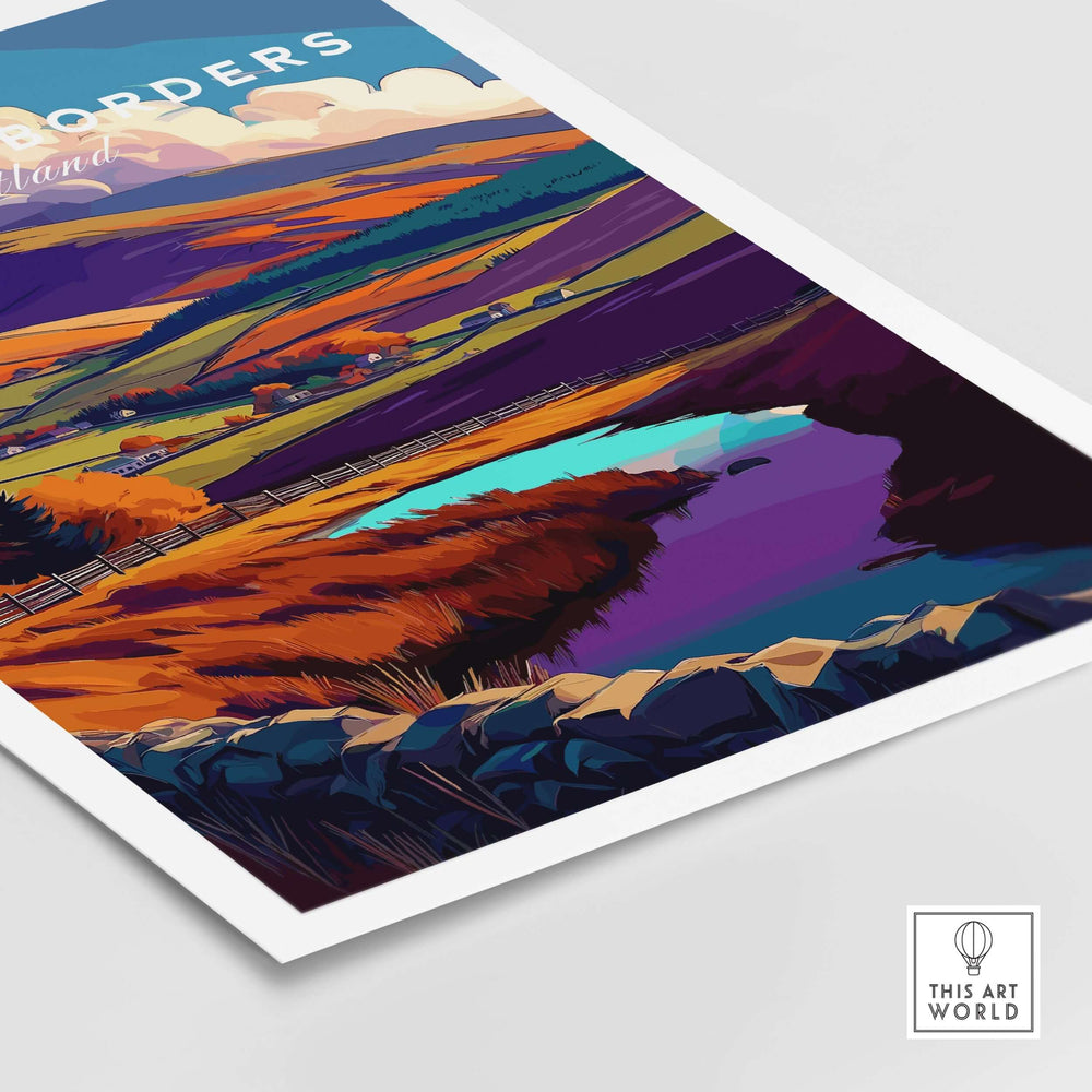 Vibrant Scottish Borders autumn landscape print featuring a serene lake and colorful hillsides.