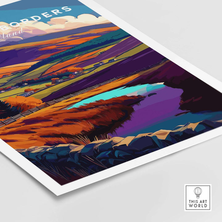 Vibrant Scottish Borders autumn landscape print featuring a serene lake and colorful hillsides.