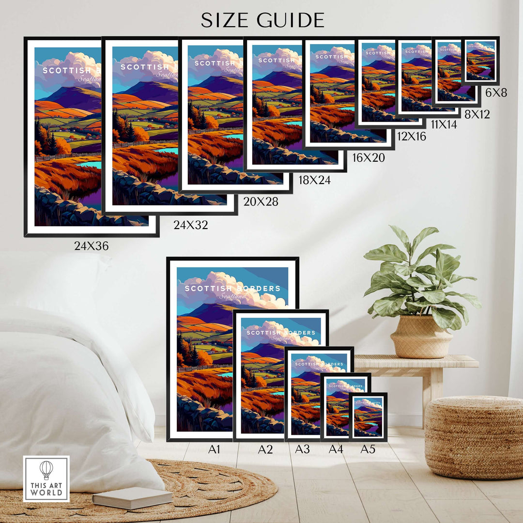 Size guide for Scottish Borders autumn landscape poster prints in various dimensions on wall art display.