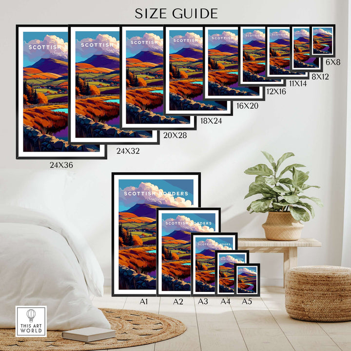 Size guide for Scottish Borders autumn landscape poster prints in various dimensions on wall art display.