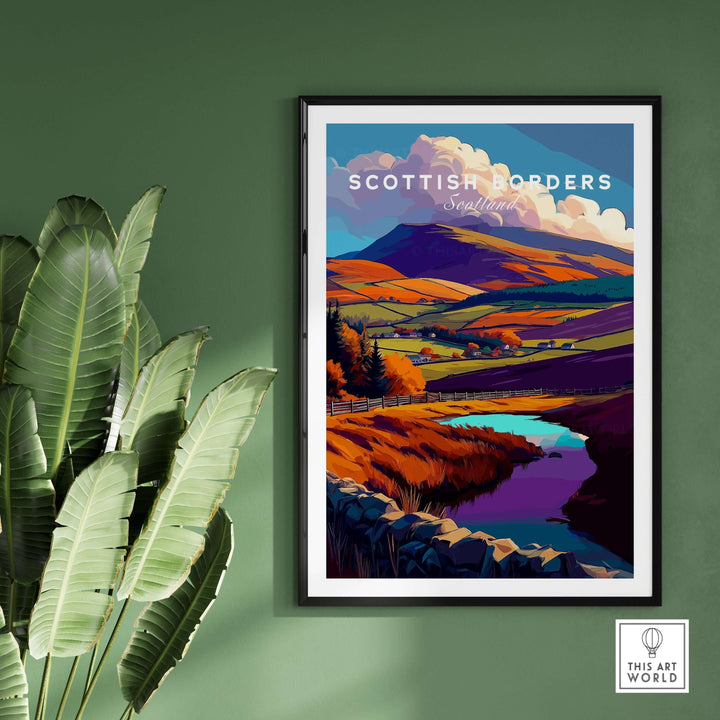 Scottish Borders autumn landscape print featuring vibrant hills, a serene lake, and dramatic clouds in wall art decor.