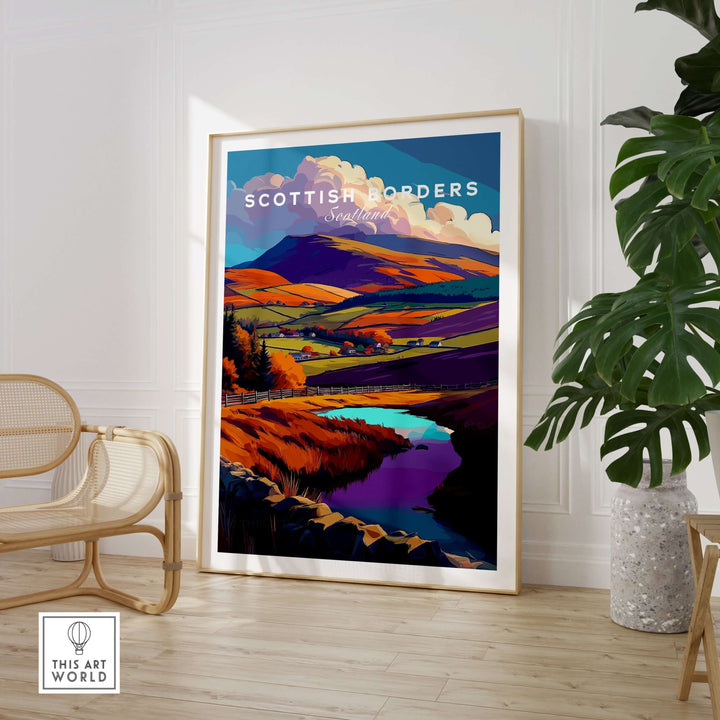Scottish Borders autumn landscape travel print poster featuring vibrant colors and serene scenery in a stylish interior.