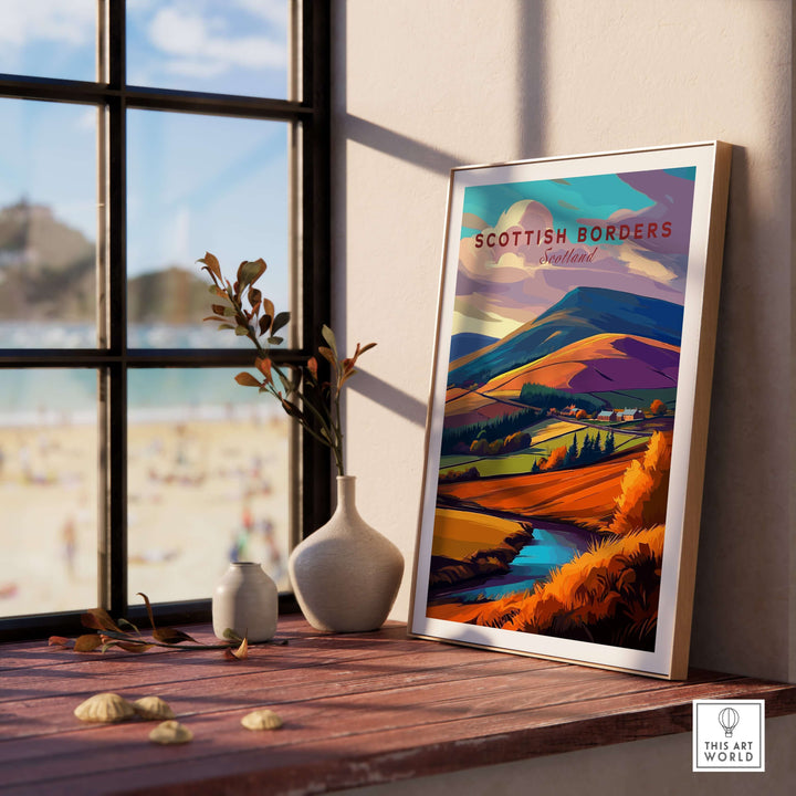 Scottish Borders travel print poster showcasing autumn landscape with vibrant colors and a winding stream.