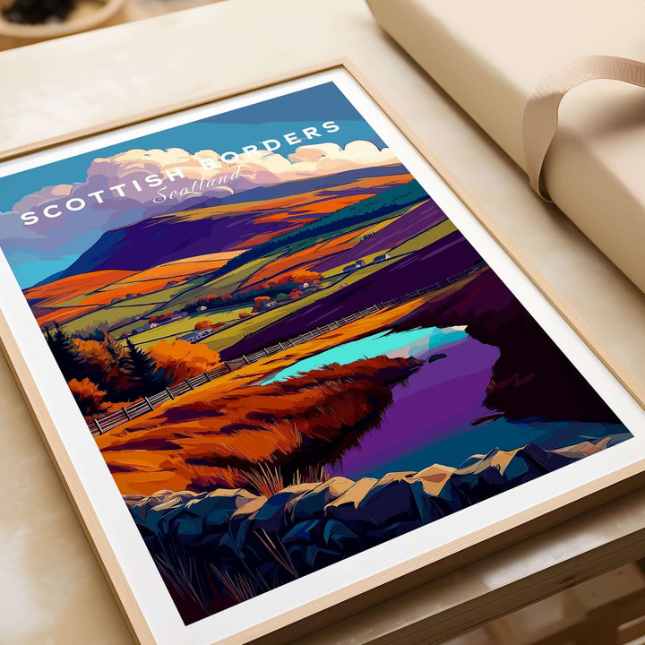 Scottish Borders autumn landscape print featuring a vibrant lake, hills, and colorful foliage in a framed poster.
