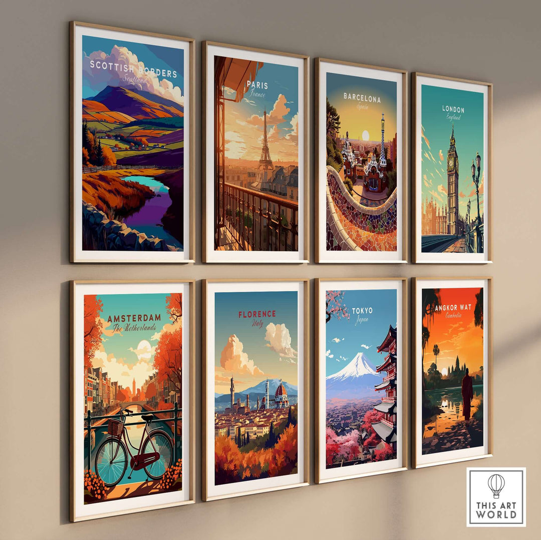 Gallery wall featuring colorful travel prints of cities like Scottish Borders, Paris, and Tokyo, showcasing stunning landscapes.