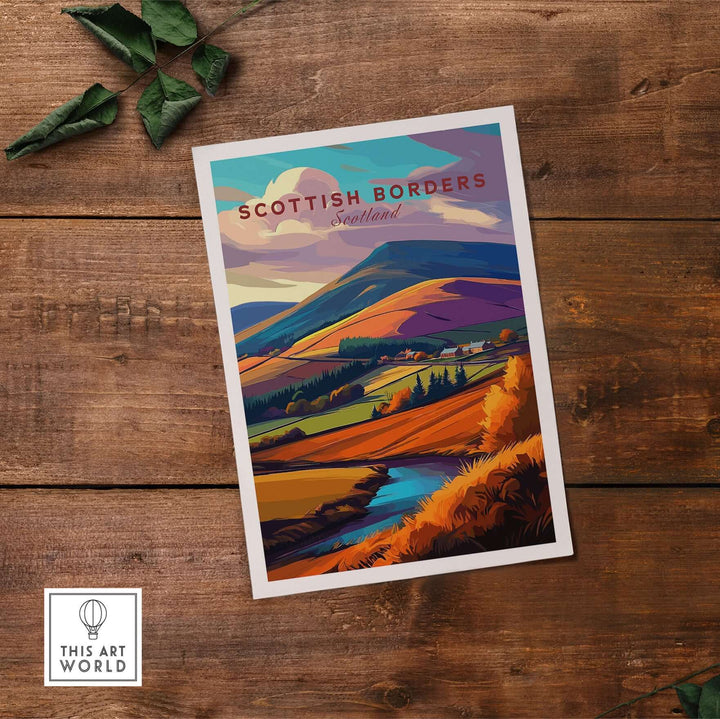 Scottish Borders travel print showcasing autumn landscape with hills and stream in vibrant colors.