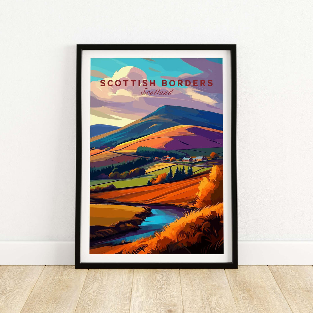 Scottish Borders autumn landscape print showcasing rolling hills, a winding stream, and vibrant colors of Scotland.