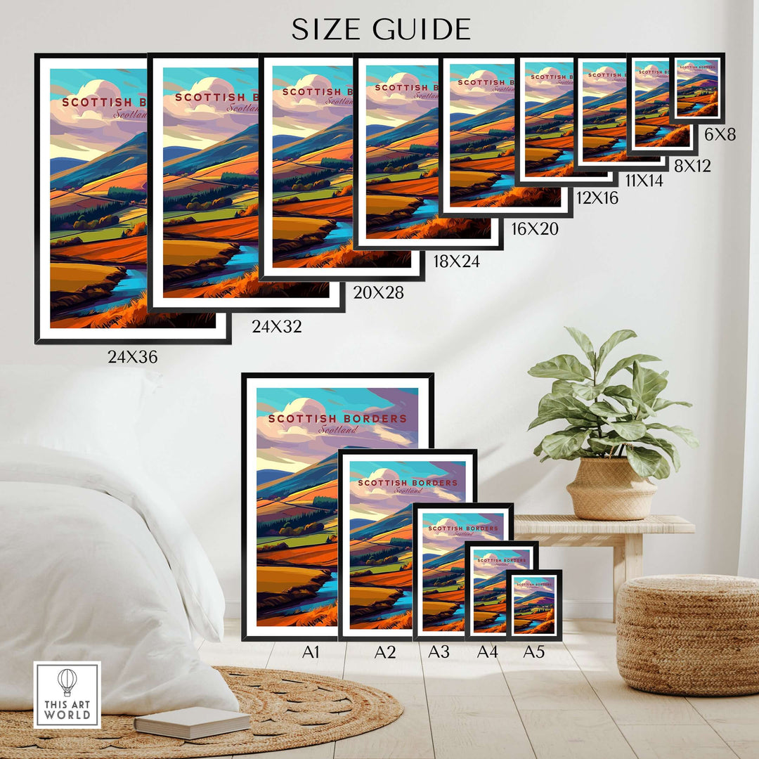 Size guide for Scottish Borders landscape travel print wall art in various frame sizes.