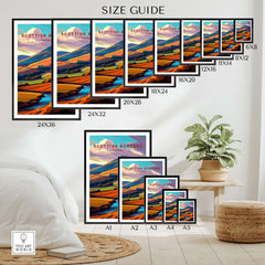 Scottish Borders Valley Travel Print Autumn Landscape Scotland Stream Poster Wall Art size guide with various frame options.