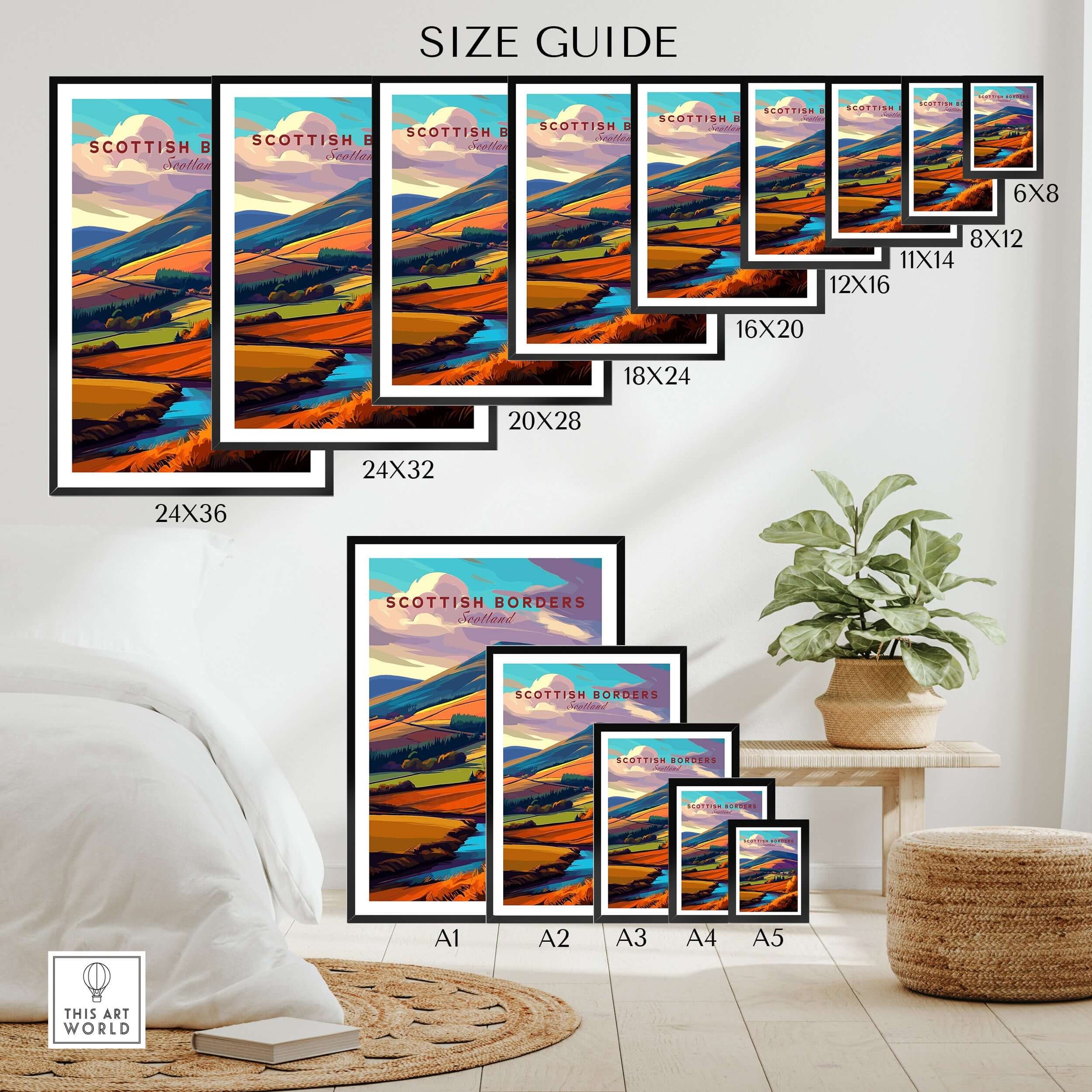 Scottish Borders Valley Travel Print Autumn Landscape Scotland Stream Poster Wall Art size guide with various frame options.