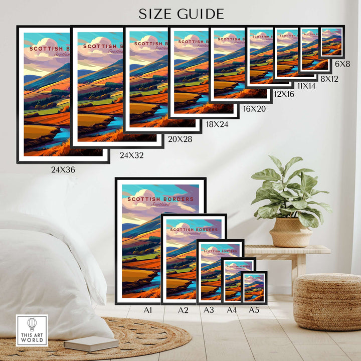 Size guide for Scottish Borders landscape travel print wall art in various frame sizes.