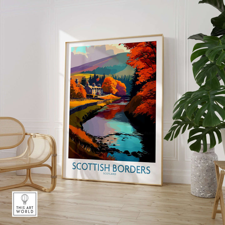 Scotland river landscape travel poster featuring autumn colors and a traditional house in the Scottish Borders.