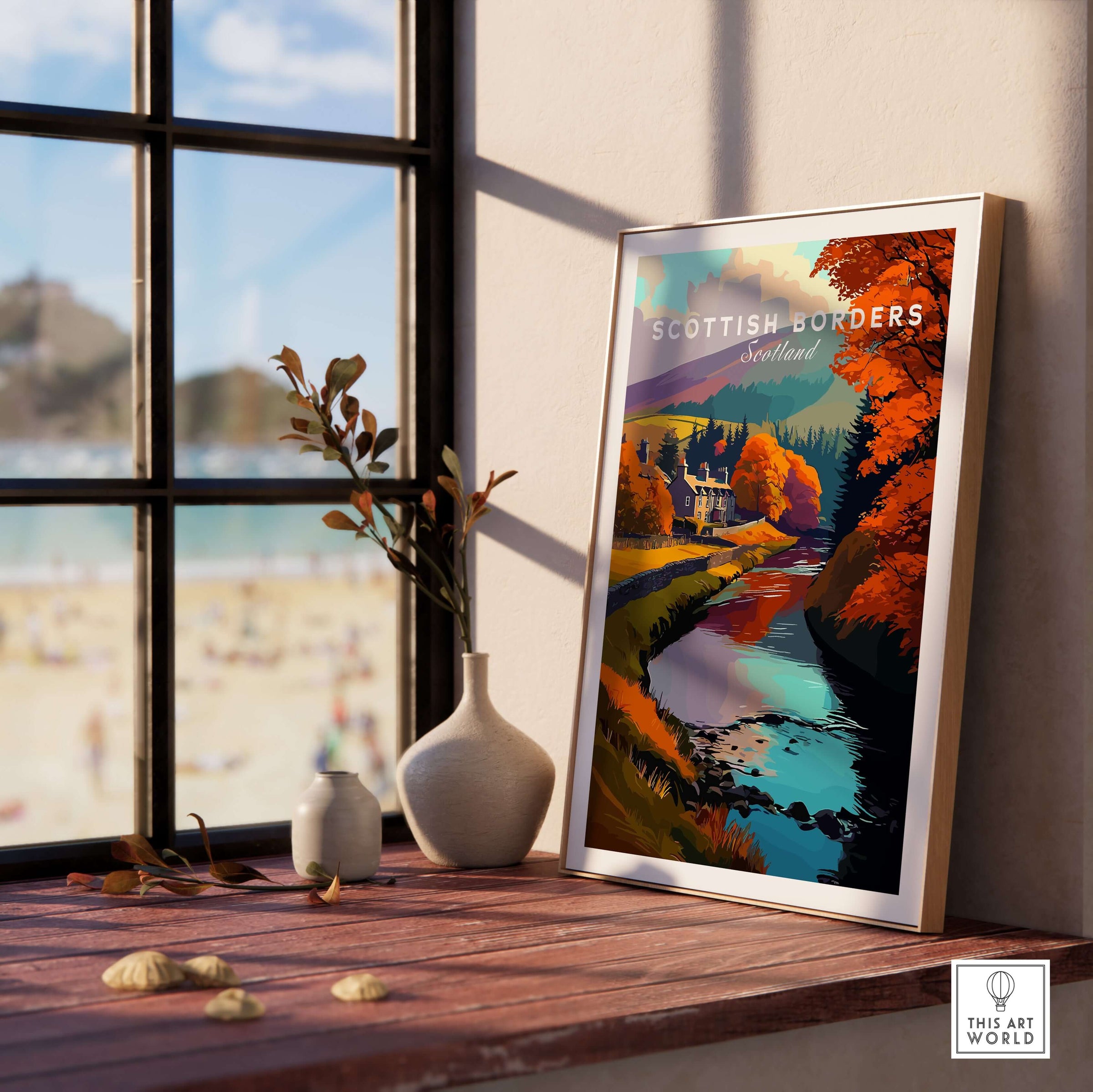 Scottish Borders River Scene Travel Print Autumn Trees Scotland Poster Wall Art displayed in a cozy interior.