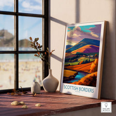 Scotland Autumn Valley Travel Poster Scottish Borders Landscape Print Wall Art Hills displayed in a cozy interior setting.