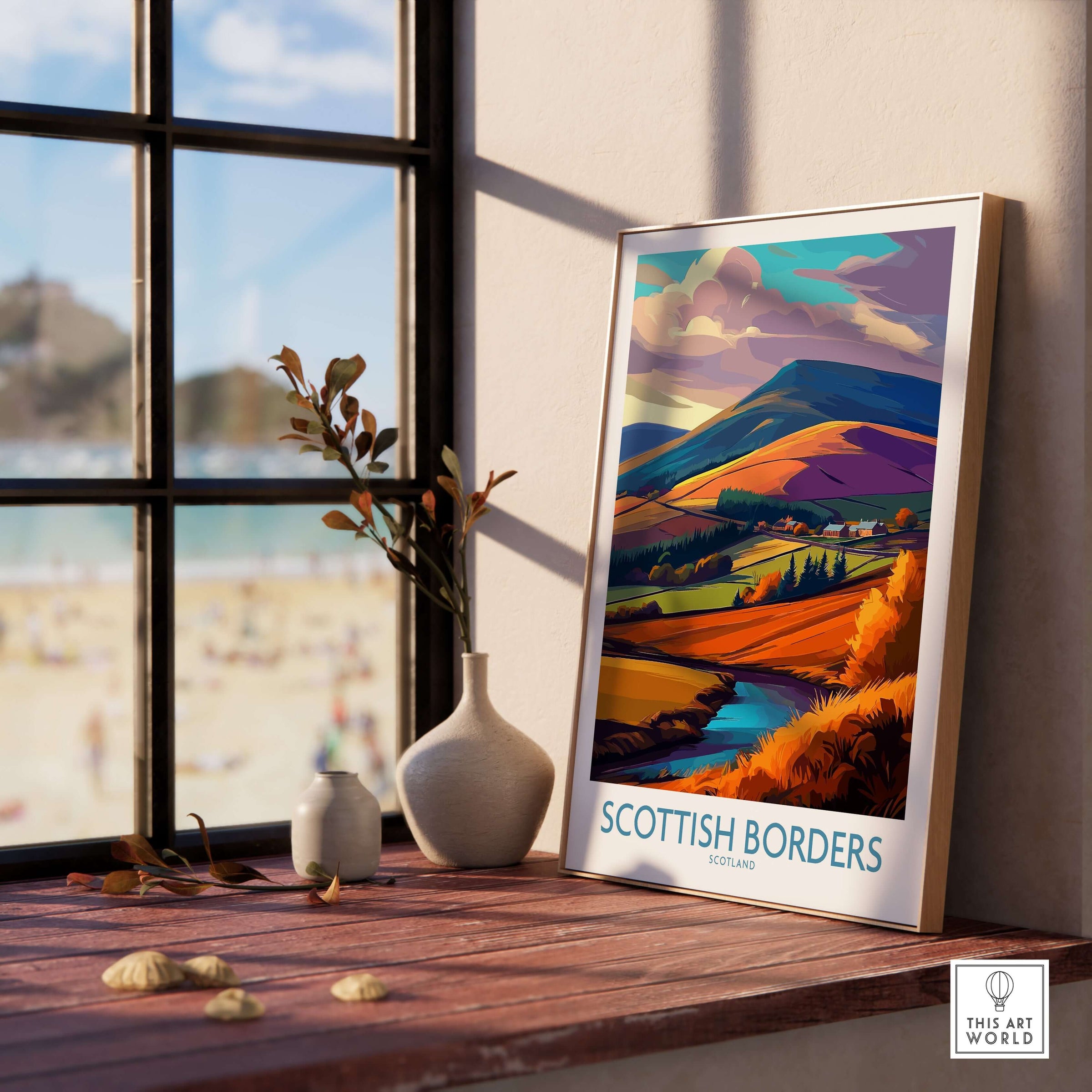 Scotland Autumn Valley Travel Poster Scottish Borders Landscape Print Wall Art Hills displayed in a cozy interior setting.