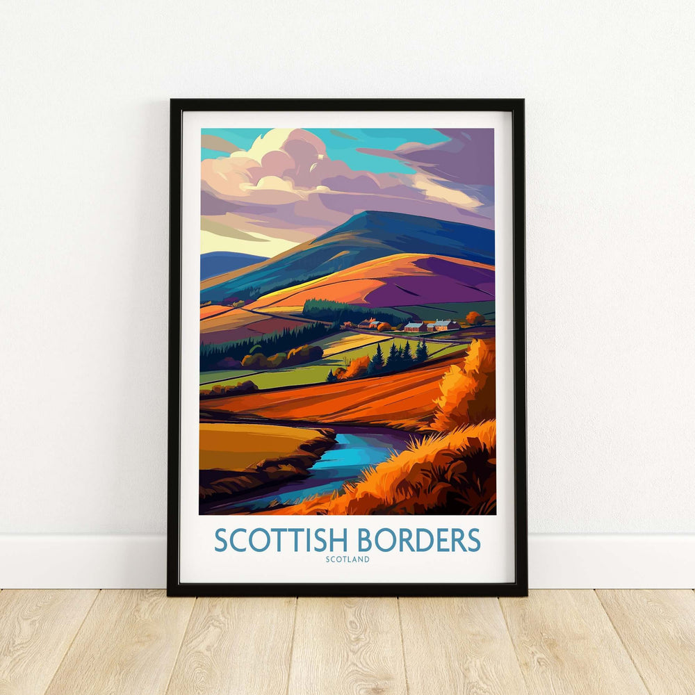 Scottish Borders autumn landscape travel poster featuring vibrant hills and a blue stream in Scotland.