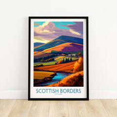 Scotland Autumn Valley Travel Poster Scottish Borders Landscape Print Wall Art Hills showing vibrant hills and valleys.