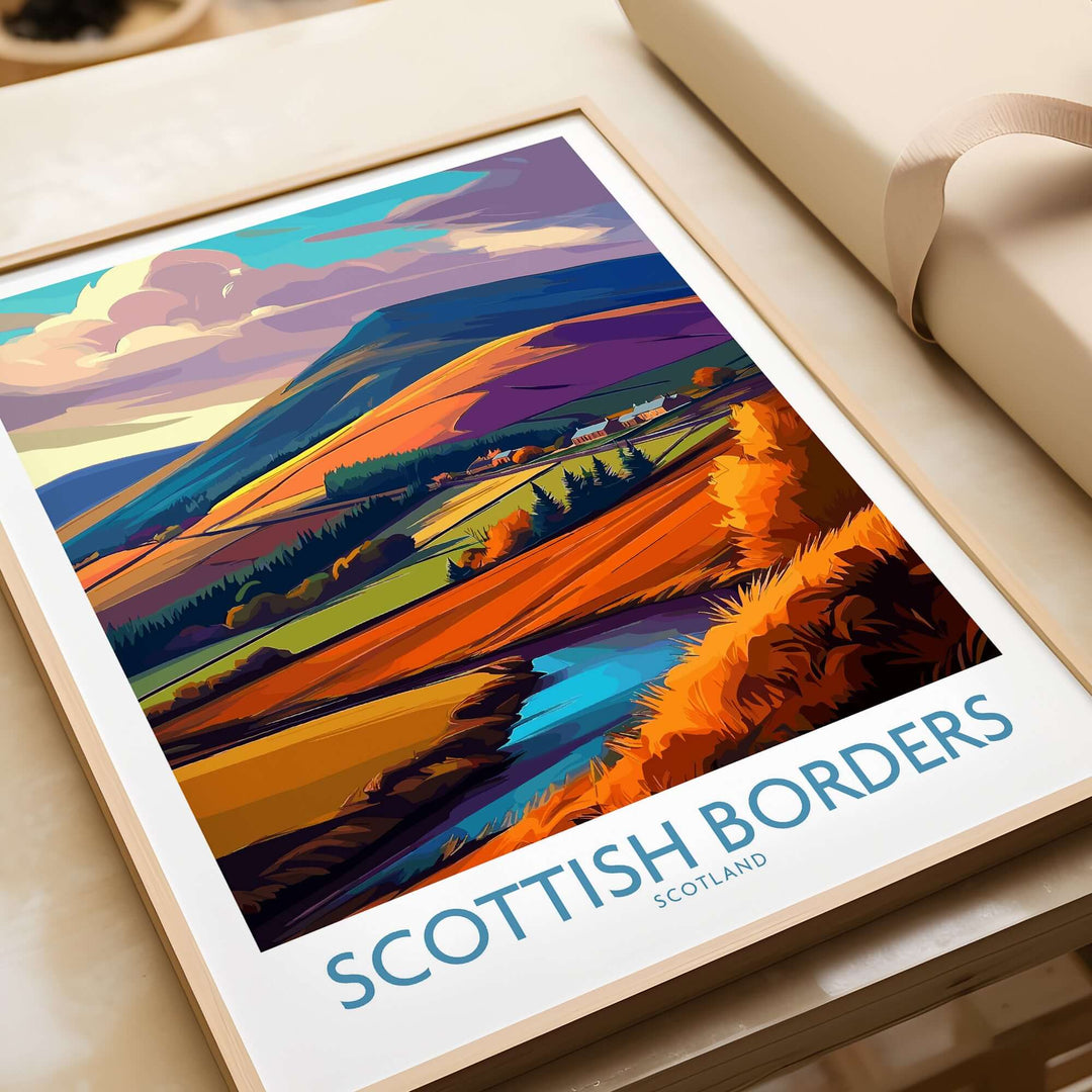 Scottish Borders autumn landscape poster print featuring vibrant hills and a blue stream in Scotland.