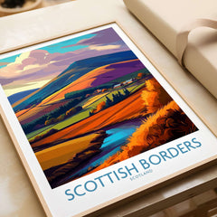 Scotland Autumn Valley Travel Poster Scottish Borders Landscape Print Wall Art Hills featuring vibrant autumn colors and hills.