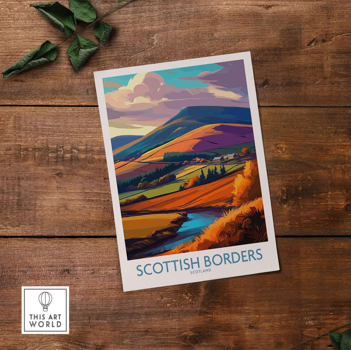 Scottish Borders autumn landscape print poster featuring vibrant hills and a blue stream, ideal for wall art.